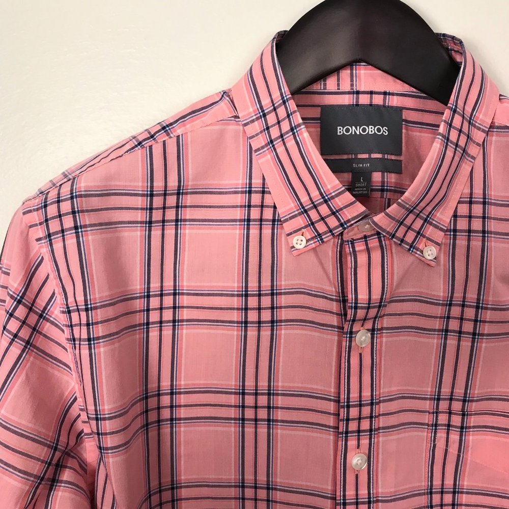 Bonobos Men's Button-Down Casual Shirt, Pink Plaid, Large, Slim/Short Fit